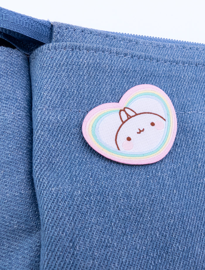 A cute Molang "Rainbow Always Wins" Embroidered Pach Sticker.