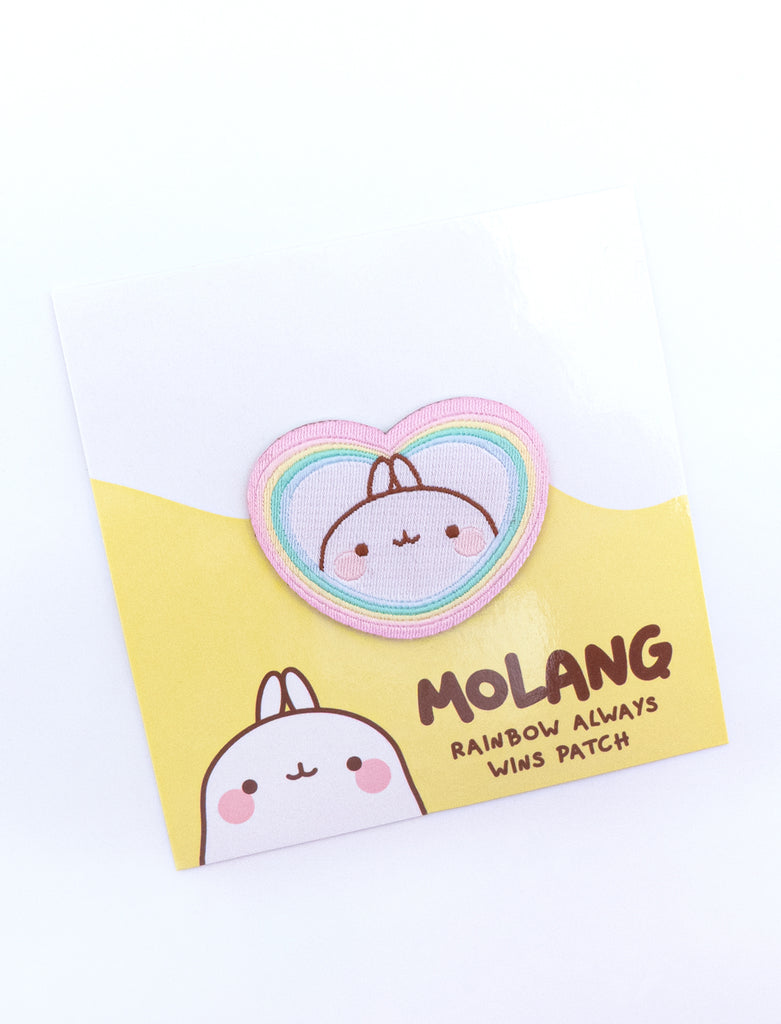 A cute Molang "Rainbow Always Wins" Embroidered Pach Sticker.